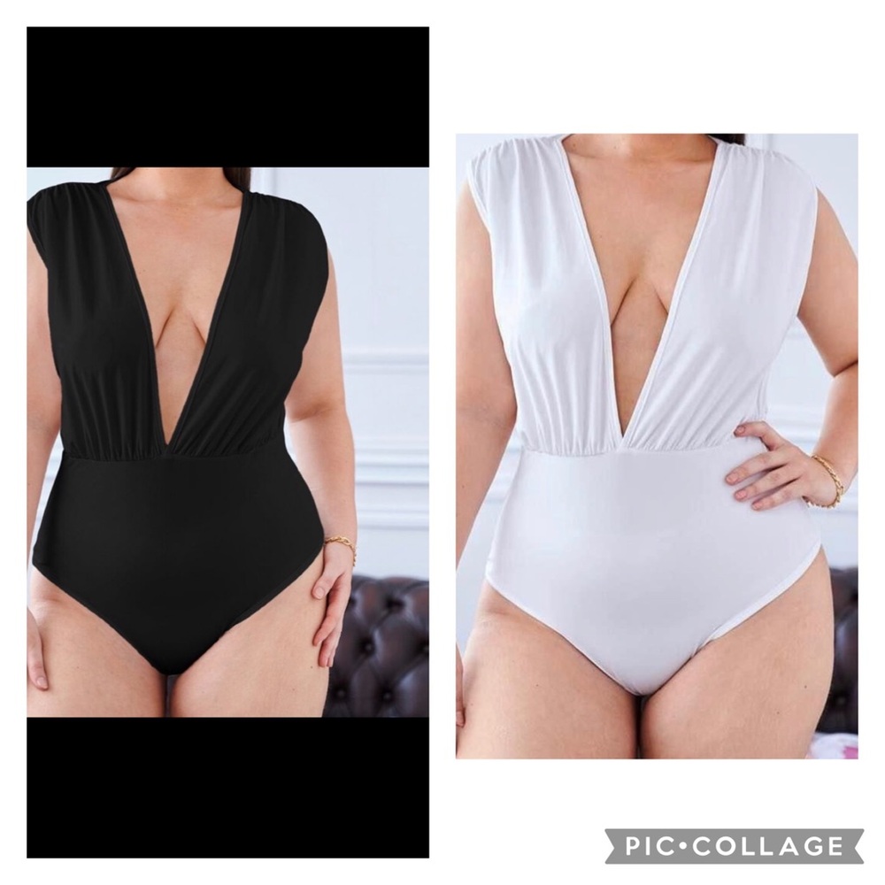 Plus Plunging Sleeveless Solid Bodysuit